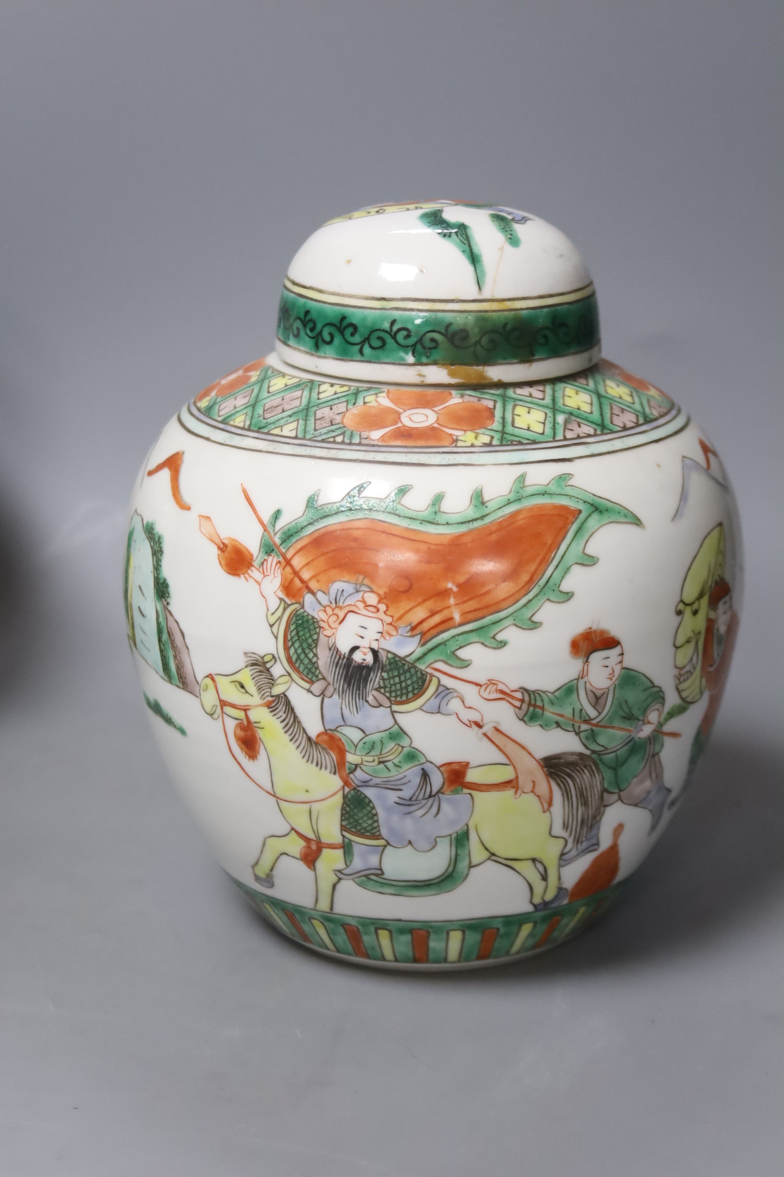 Three large 20th century Chinese porcelain famille verte jars and covers, tallest 21cm